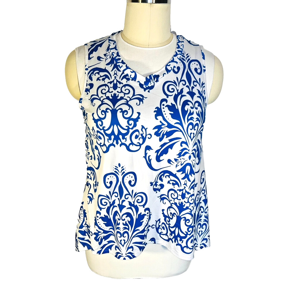Womens XXL Tank Top Tunic V-Neck Blue White Damask Print